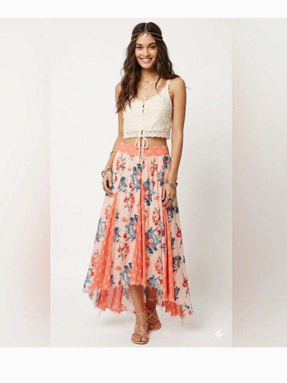 Free People Orange White Floral Print Patchwork Maxi Slip Skirt